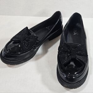 MIA Big Girls Studded Bow Loafer Flats Size 4 Black Dressy Holiday Dress Shoes